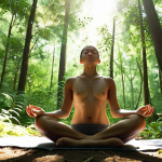 **A person meditating peacefully in a sun-dappled forest, surrounded by lush greenery, focusing on mindful breathing.** (Focuses on the "Meditation under freiem Himmel" section, emphasizing mindfulness in nature.)