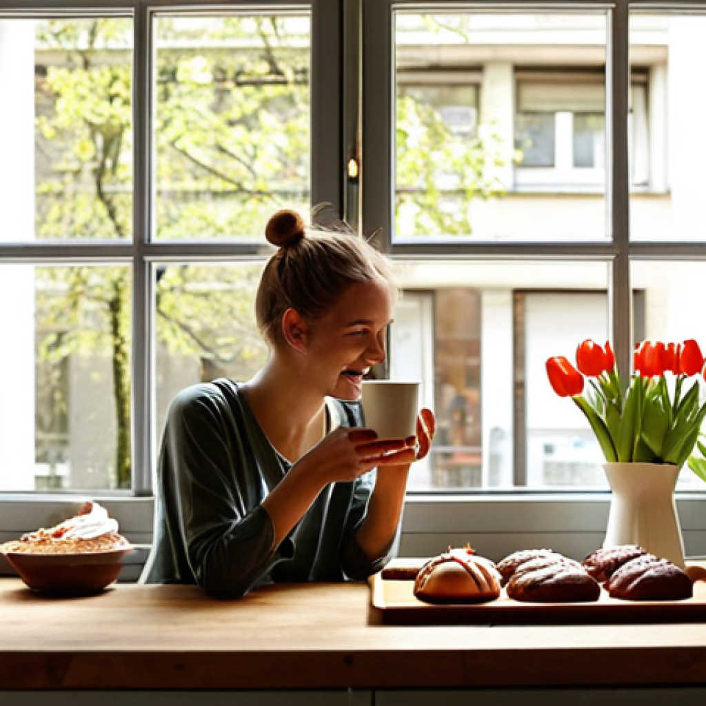 **

A cozy, sunlit kitchen in Berlin. A young woman is enjoying a "Kaffee und Kuchen" (coffee and cake) moment, phone intentionally out of sight on a wooden countertop next to a vase of tulips. Focus on the relaxed atmosphere, the warm lighting, and the tangible joy of the present moment, embodying "Achtsamkeit im digitalen Alltag" (mindfulness in everyday digital life).  Subtle details like a Berliner Zeitung visible in the background and a glimpse of greenery outside the window add local context.

**