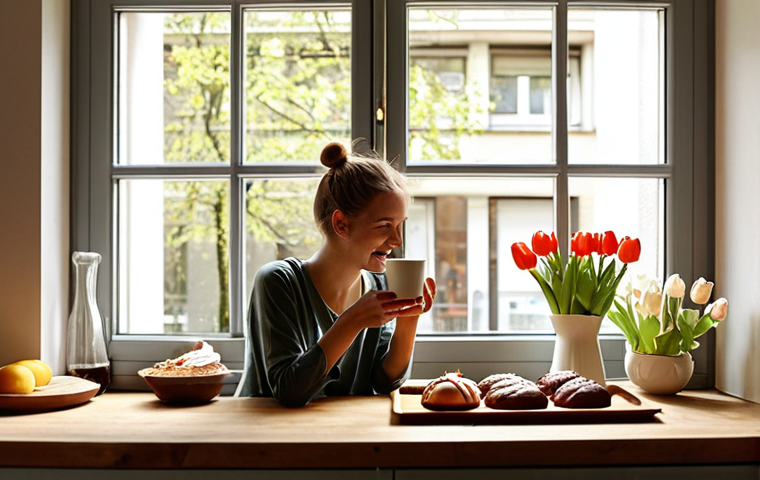 **
A cozy, sunlit kitchen in Berlin. A young woman is enjoying a "Kaffee und Kuchen" (coffee and cake) moment, phone intentionally out of sight on a wooden countertop next to a vase of tulips. Focus on the relaxed atmosphere, the warm lighting, and the tangible joy of the present moment, embodying "Achtsamkeit im digitalen Alltag" (mindfulness in everyday digital life). Subtle details like a Berliner Zeitung visible in the background and a glimpse of greenery outside the window add local context.
**