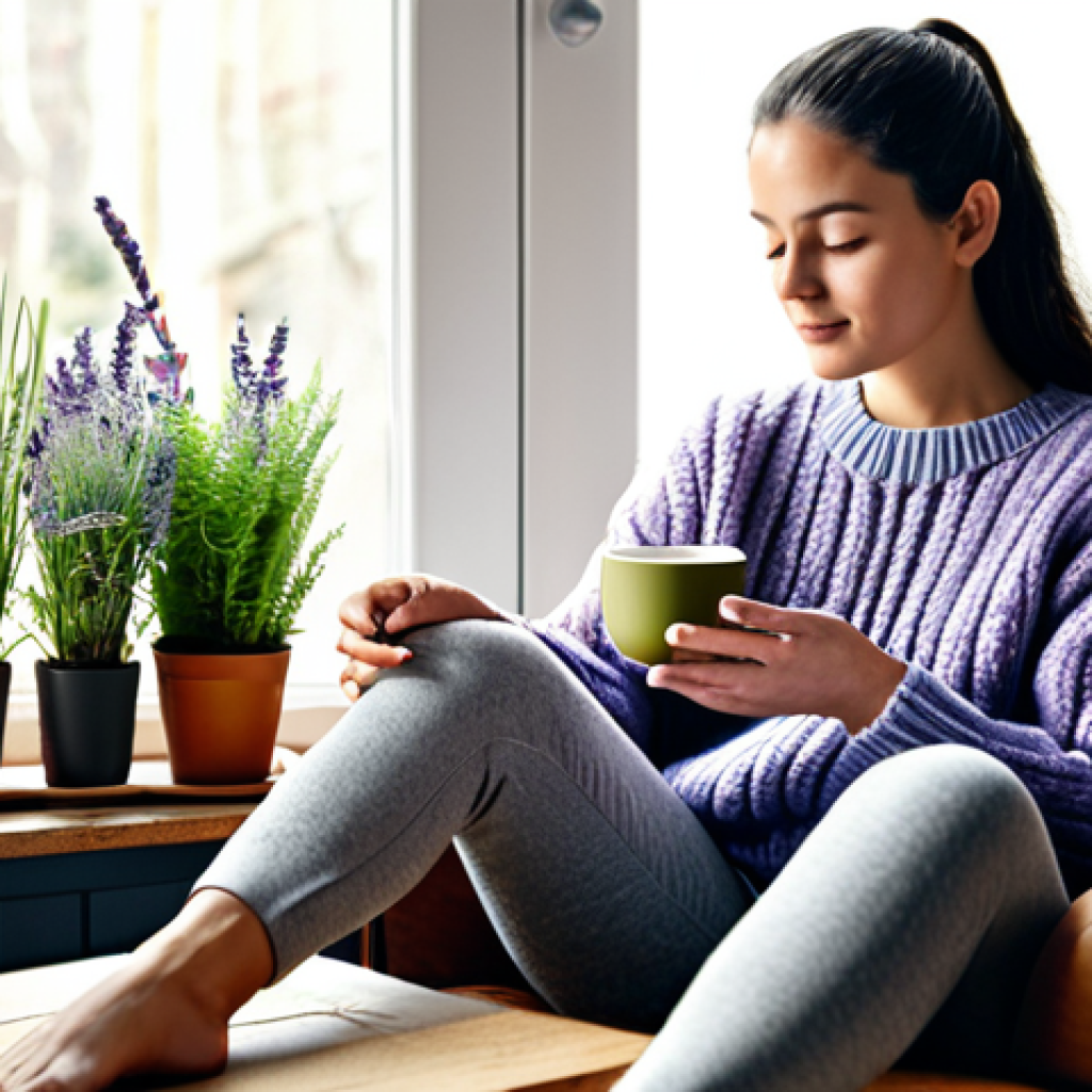 Calming Tea Ritual**
A woman sits comfortably in a cozy armchair, fully clothed in a knitted sweater and leggings, holding a steaming cup of lavender tea in a sunlit living room filled with houseplants. Focus on the serene expression and the calming atmosphere. "Safe for work," "appropriate content," "fully clothed," "modest," "perfect anatomy," "correct proportions," "natural pose," "well-formed hands," "proper finger count," "natural body proportions," "high quality," "professional photography."
**