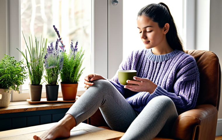 Calming Tea Ritual**
A woman sits comfortably in a cozy armchair, fully clothed in a knitted sweater and leggings, holding a steaming cup of lavender tea in a sunlit living room filled with houseplants. Focus on the serene expression and the calming atmosphere. "Safe for work," "appropriate content," "fully clothed," "modest," "perfect anatomy," "correct proportions," "natural pose," "well-formed hands," "proper finger count," "natural body proportions," "high quality," "professional photography."
**
