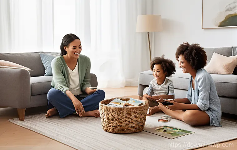 기술 피로를 줄이는 유익한 대화법 - **Prompt 1: A Serene Family Offline Moment**
An inviting, warm-lit living room scene. A diverse ...