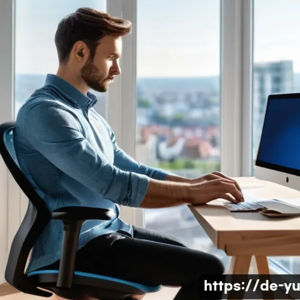 기술 피로 해소의 필요성과 중요성 - A modern ergonomic home office setup in a bright room with large windows showing a German cityscape ...
