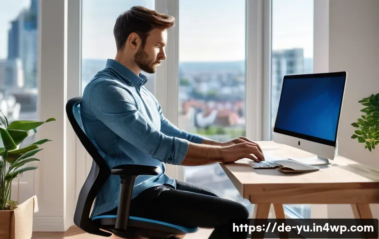 기술 피로 해소의 필요성과 중요성 - A modern ergonomic home office setup in a bright room with large windows showing a German cityscape ...