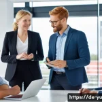 기술 피로를 이해하는 힘든 대화 - A modern office meeting scene in a German corporate environment, showing diverse professionals engag...