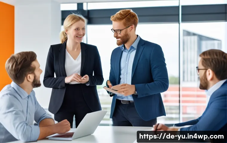 기술 피로를 이해하는 힘든 대화 - A modern office meeting scene in a German corporate environment, showing diverse professionals engag...