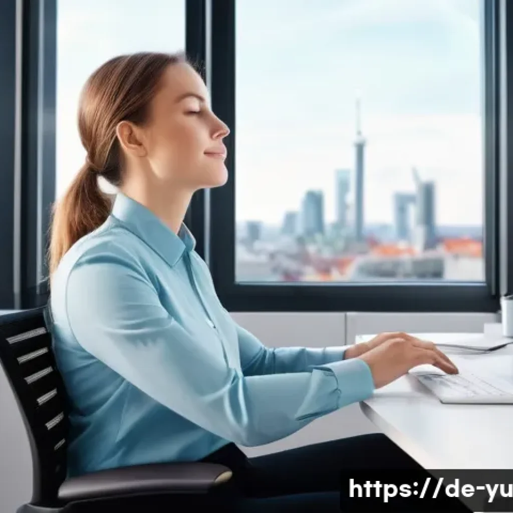 기술 피로에 효과적인 간단한 요가 동작 - A serene office scene featuring a young German professional woman sitting at a modern ergonomic desk...