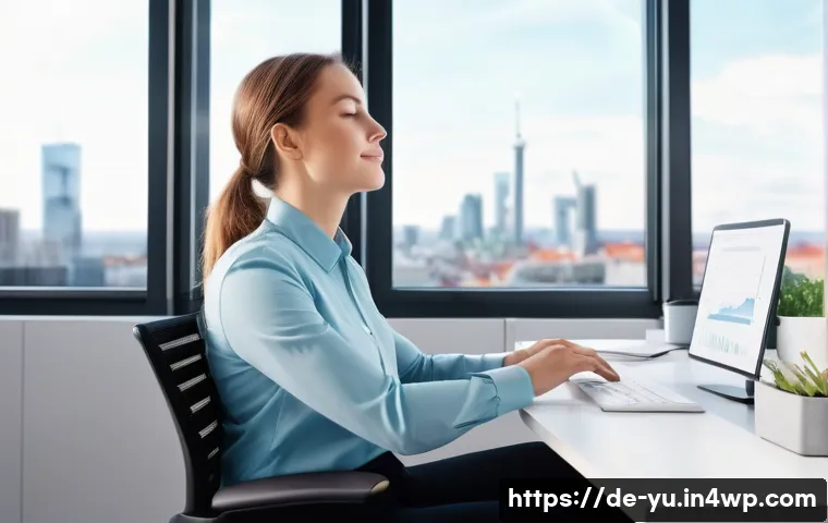 기술 피로에 효과적인 간단한 요가 동작 - A serene office scene featuring a young German professional woman sitting at a modern ergonomic desk...