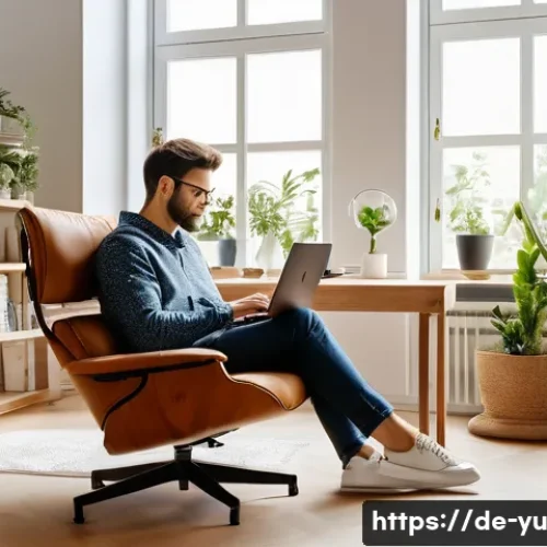 기술 피로를 느낄 때의 대처 방안 - A modern home office scene in a bright German apartment featuring a young professional taking a digi...