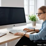 기술 피로를 인식하고 대처하기 - A modern German home office scene showing a young adult woman sitting at an ergonomically designed d...