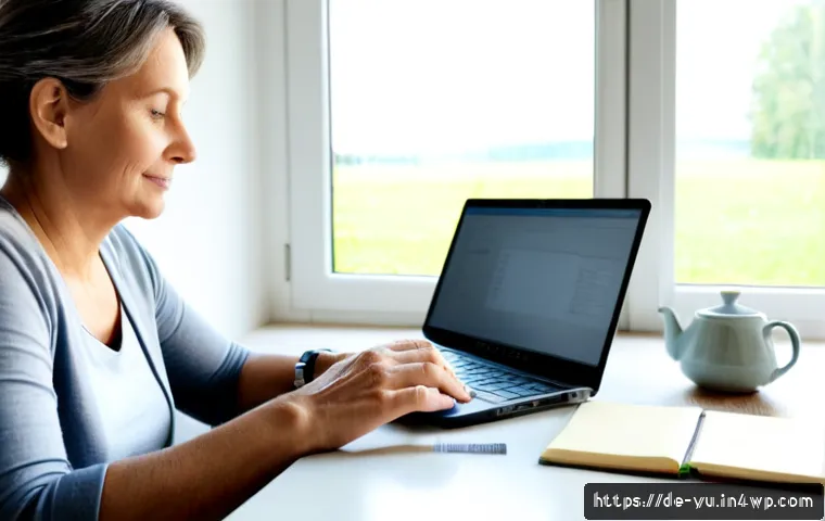 기술 피로를 예방하기 위한 학습 기법 - Photorealistic home office scene in Germany, a relaxed middle-aged woman using a laptop with a simpl...